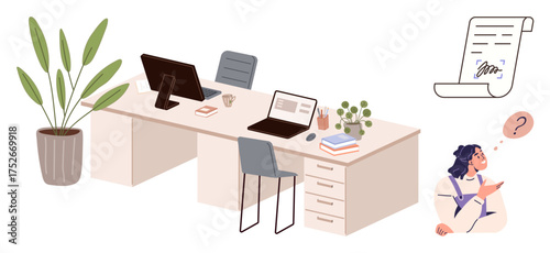 Office desks with monitors, laptops, documents, plant, and coffee cup. Individual thinking about a signed document. Ideal for business, workflow, collaboration decision-making organization