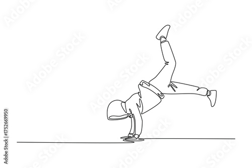 Continuous one line drawing young guy executing challenging freeze, balancing on one hand with their body inverted, leg extended wide of breakdance. Single line draw design vector graphic illustration