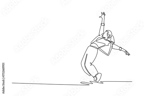 Continuous one line drawing Hip Hop girl dancer mid-groove, leaning far back, balancing on one foot with arms dramatically raised, powerful freeze. Single line draw design vector graphic illustration