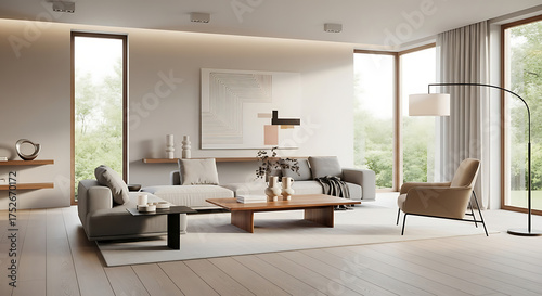 Modern Minimalist Living Room Interior with Elegant Furniture, Natural Light, Neutral Tones, Cozy Atmosphere, Wooden Floor, and Contemporary Design for Home Decoration Inspiration
