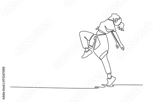 Single one line drawing dancer balancing on one foot while arching their body backward in challenging freeze move. Exceptional balance, flexibility. Continuous line design graphic vector illustration