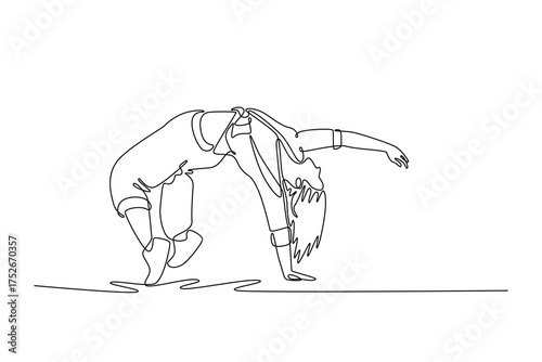 Single continuous line drawing girl dancer executing deep back bridge or backbend freeze, incredible flexibility, body control in dynamic dance pose. One line draw graphic design vector illustration