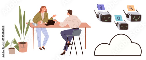 Two colleagues discussing at a desk with AI robots displaying icons, cloud outline, plants. Ideal for teamwork, technology, innovation, AI, cloud computing remote work professional growth. Simple
