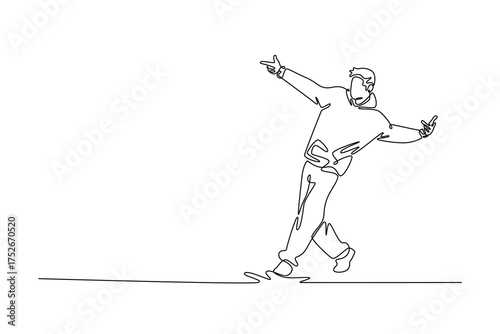 Single one line drawing young male mid-step in a dynamic, sideways pose, pointing with both hands, moment of confident, energetic street dance. Continuous line draw design graphic vector illustration