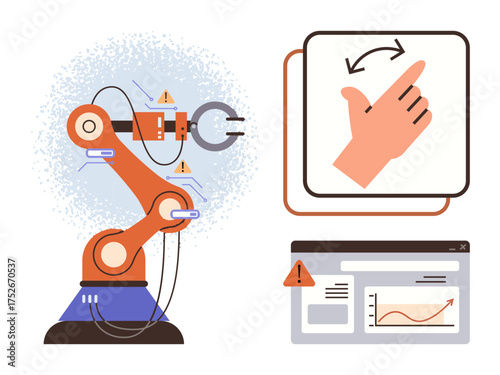 Robotic arm connected to digital dashboard, gesture-controlled interface, and warning icons. Ideal for innovation, automation, AI, UX design, robotics tech safety smart systems. Simple flat