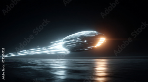 Futuristic glowing space capsule emitting radiant light streaks in deep space, symbolizing innovation, interstellar travel, and advanced technology.
