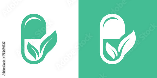 Modern logo combining pill, leaf, and nature elements, symbolizing natural medicine, pharmacy, and organic healthcare. Perfect for pharmaceutical, herbal, and wellness brands.