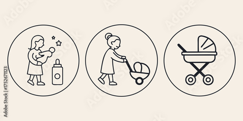 Babies Care line icon set. Minimal icons set. Pack of newborn, kid, baby, care, child. Vector collections. Baby modern icon set.