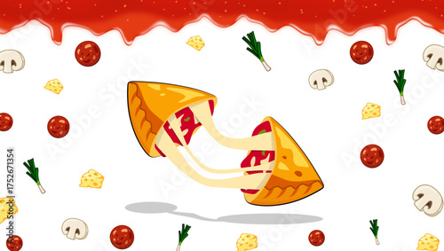 Playful illustration of flying calzone with strings of cheese, pepperoni, and mushrooms on white backdrop, sprinkled with toppings. Ideal for food art, branding, and humorous campaigns.