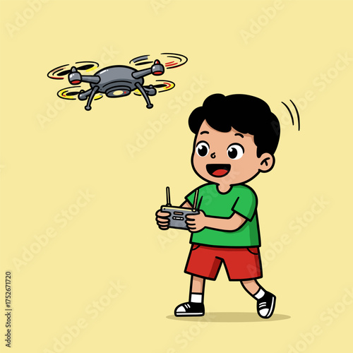 A cheerful child in a green shirt and red shorts controls a flying drone with a remote. The drone hovers mid-air with spinning propellers, set against a solid light yellow background.