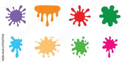 Set of grunge ink splatter. Splash of paints, spray drops, wet paint drop collection. Abstract splatter color pack background. Color paint splatter. Colorful ink stains, abstract paints splashes.