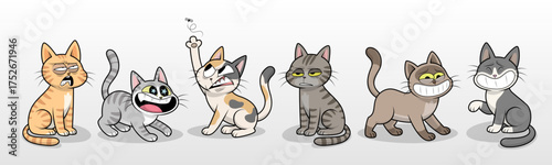 Set of expressive cartoon cats with varied emotions and colorful designs, perfect for pet-themed vector illustrations, stickers, or children's content
