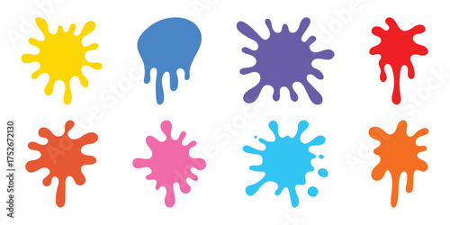 Colorful paint splatter shapes isolated on white background. Collection of bright paint splatter shapes in blue, green, red, orange and yellow, perfect for creative design. Vector illustration.
