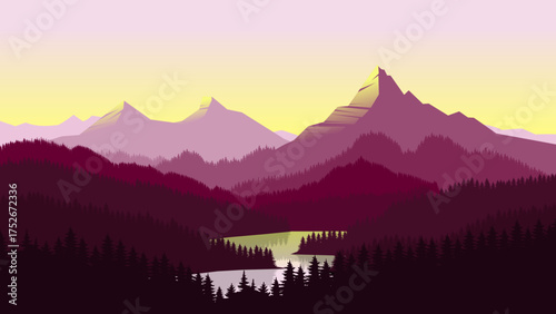 Burgundy Gradient Mountain Landscape Illustration
