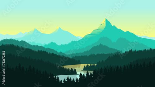 Calm Green Gradient Mountain Valley Vector Art