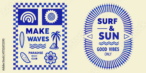 Retro blue and white surf and beach themed graphics with make waves and good vibes only messages