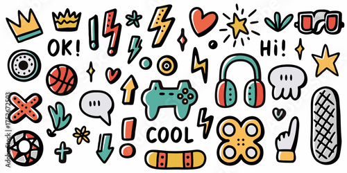 Collection of fun hand drawn doodle icons and symbols for kids and teens