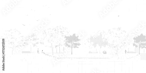 Minimalist black and white sketch of a serene park scene with trees benches and people enjoying leisure time