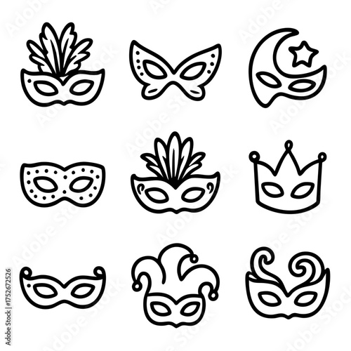 A set of doodle line icons showing various decorative carnival and masquerade masks with feathers, stars, and theatrical styles