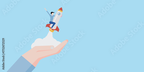 Person riding a rocket launching from a supportive hand symbolizing business startup and success