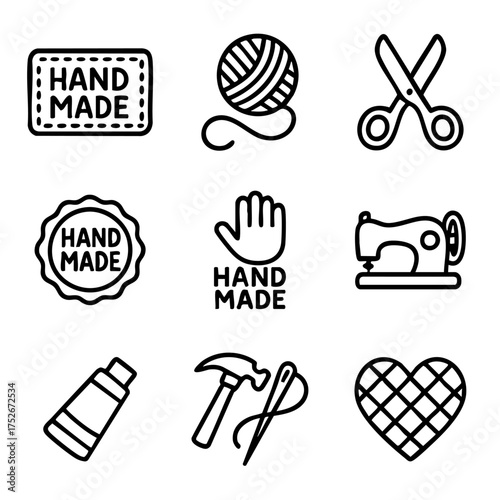 A set of doodle line icons representing handmade crafting and DIY tools including yarn, scissors, sewing machine, glue, and handmade labels