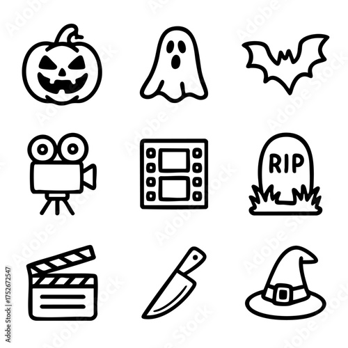 A set of doodle line icons combining Halloween elements and horror film symbols including ghost, pumpkin, knife, camera, and tombstone