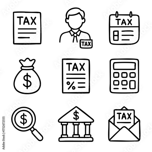 A set of doodle line icons representing tax documents, money management, deadlines, accounting tools, calculators, banks, and payment notices