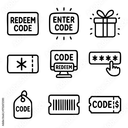 A set of doodle line icons showing redeem codes, discount coupons, gift rewards, barcodes, and digital code entry for online deals