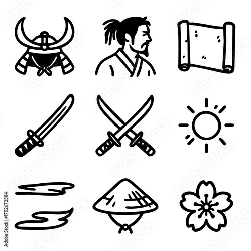 A set of doodle line icons depicting samurai culture and traditional Japanese elements like swords, warriors, scrolls, hats, and cherry blossoms