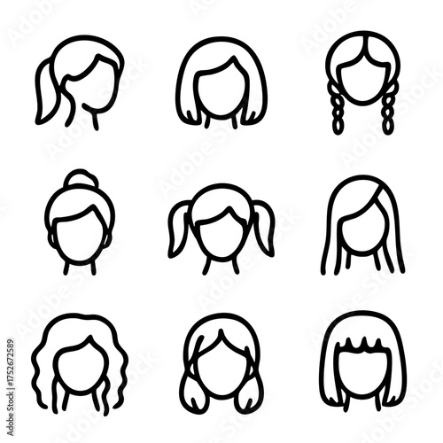 A set of doodle line icons showing various female hairstyles and haircuts including ponytails, braids, buns, bangs, and wavy styles