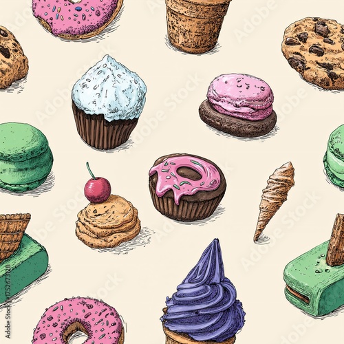 Brightly Colored Hand-Drawn Dessert Illustration Featuring Donuts, Cookies, Cupcakes and More
