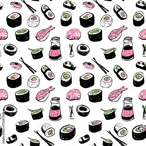 Hand-Drawn Japanese Food Pattern Featuring Sushi, Nigiri, and Sashimi on White Background