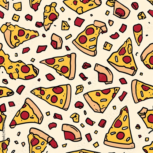 Vibrant Cartoon Pizza Seamless Pattern with Colorful Toppings on Creamy Background
