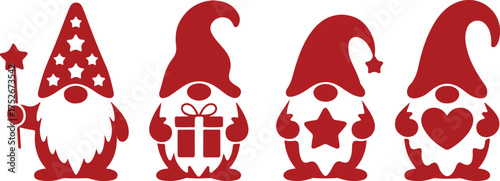 Dancing dwarfs stencils. Gnome with a gift, with a star and a gnome with a magic wand. Winter decorations. Objects for cutting