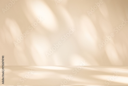 Wall interior background, studio and backdrops show products. with leaf shadow from window color beige and white. background for text insertion and presentation of product	
