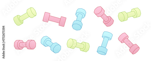 Colorful pastel dumbbell pattern illustration. Vector flat design of dumbbell icons for fitness, sport, health, and workout themes. Decorative dumbbell background in cartoon minimalism style