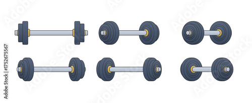 Vector illustration of gym dumbbell set with metallic plates and steel handles. Dumbbell icons for fitness, bodybuilding, and workout design. Dumbbell equipment for sport and training