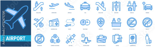 Airport icon set containing flight, escalator, departures, arrivals, taxi, escalator, detector, check in, parking, delay, boarding pass icons.  Outline blue style icon collection.
