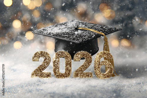 Gold glittering numbers 2026 against a snowy bokeh background, with a black graduation cap. Graduation concept for the Class of 2026	
