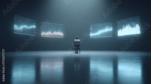 Futuristic businessman sitting alone in a dark room surrounded by glowing financial data charts, symbolizing venture capital analysis, tech growth, and market forecasting.
