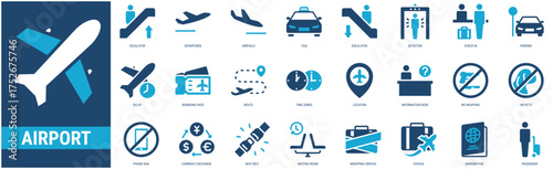 Airport icon set containing flight, escalator, departures, arrivals, taxi, escalator, detector, check in, parking, delay, boarding pass icons.  Glyph duo tone style icon collection.