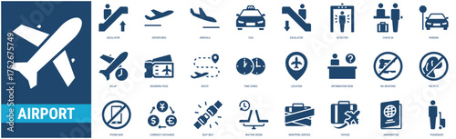 Airport icon set containing flight, escalator, departures, arrivals, taxi, escalator, detector, check in, parking, delay, boarding pass icons.  Glyph style icon collection.