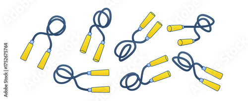 Vector illustration of jump rope set with yellow handles and blue cord. Jump rope icons for fitness, cardio, gym, and workout design. Simple jump rope equipment for training and sport activities