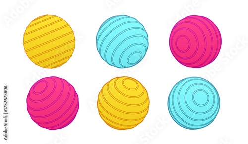 Fitball, exercise ball, gym ball illustration in bright vector style. Colorful fitball spheres for fitness, yoga, pilates, and workout design. Inflatable fitball icon for sport, balance