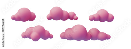 Pink cloud set in 3D vector style. Cute pink clouds with fluffy rounded shapes and soft gradient shading, great for abstract backgrounds, cartoon projects, weather icons, or fantasy scenes