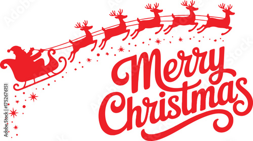 Merry Christmas banner. Silhouette Santa Claus in sleigh with deers flying on stars background. Design elements for decoration holiday poster, flyer, greeting card. Cartoon style. Vector illustration