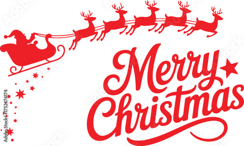 Merry Christmas banner. Silhouette Santa Claus in sleigh with deers flying on stars background. Design elements for decoration holiday poster, flyer, greeting card. Cartoon style. Vector illustration