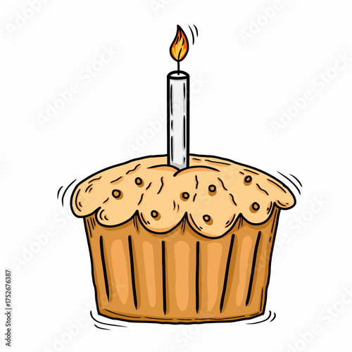 Hand drawn birthday cupcake with candle vector. Simple cartoon muffin doodle cake for celebration clipart