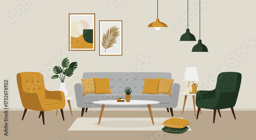 Modern Interior Design Illustration with Sofa, Armchair, Table, and Decor