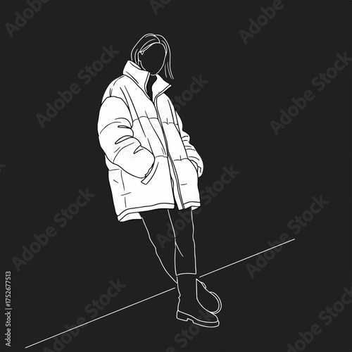 Stylish urbanite in a cozy puffer jacket, exuding effortless cool and modern minimalist fashion, original vector graphic for lifestyle and design projects